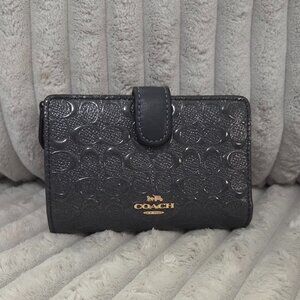 Coach Medium Corner Zip Wallet in Signature Debossed Patent Leather Charcoal